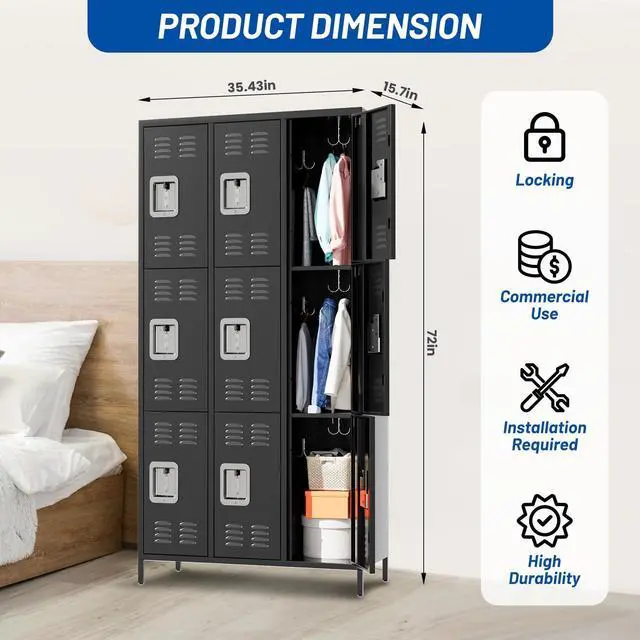 Alt view image 3 of 7 - Metal Storage Locker with 9 Doors, Metal Locker for Employees with 18 Hooks for Garage School Office Gym Home, Assembly Required, Black | for Garage School Office Gym Home