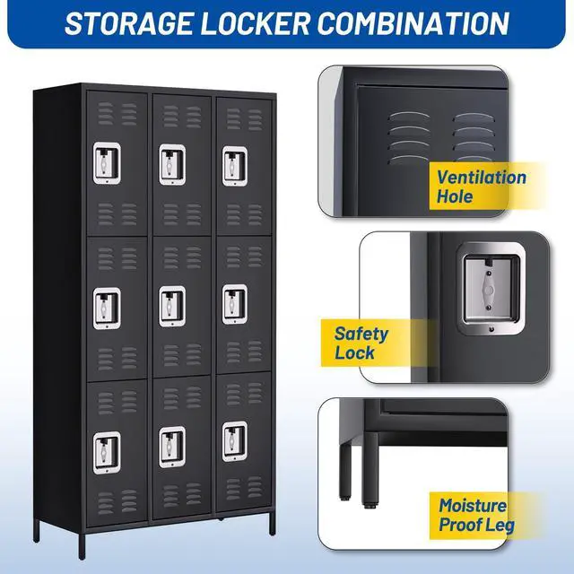 Alt view image 5 of 7 - Metal Storage Locker with 9 Doors, Metal Locker for Employees with 18 Hooks for Garage School Office Gym Home, Assembly Required, Black | for Garage School Office Gym Home