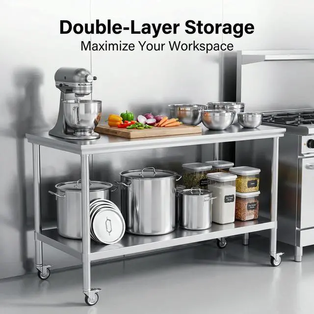 Alt view image 4 of 7 - Stainless Steel Prep Table 24x60 with Wheels, Heavy Duty Work Table | lbs heavy duty table: top 600lbs, shelf 400lbs. Roomy prep table with storage for pots, appliances & food prep