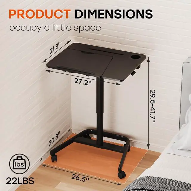 Alt view image 2 of 7 - Rolling Standing Desk, 60° Tiltable Mobile Laptop Desk, Black | Pneumatic Height Adjustable Cart, Portable Stand Up Desk with Wheels & Cup Holder for Office Home School, Holds Up to 22lbs