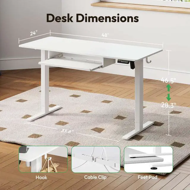 Alt view image 2 of 7 - 48 x 24 Inch Electric Standing Desk with Keyboard Tray, White | 3-Year Free Motor Replacement, 28.3-46.5 in Height, 3 Presets, 45 dB or Less, 154 lb Capacity, Keyboard Tray
