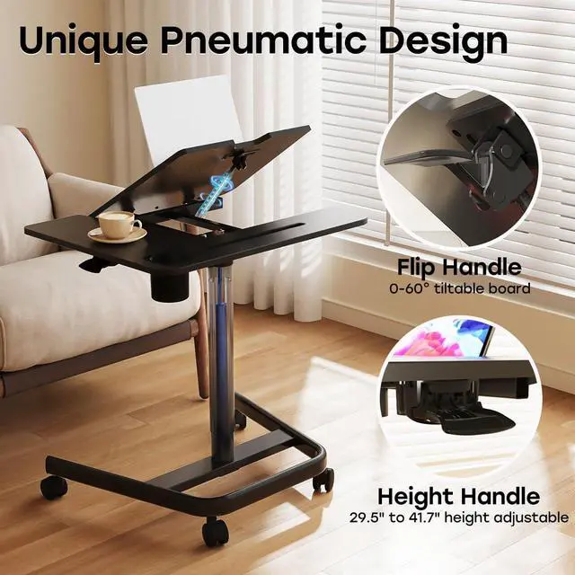 Alt view image 5 of 7 - Rolling Standing Desk, 60° Tiltable Mobile Laptop Desk, Black | Pneumatic Height Adjustable Cart, Portable Stand Up Desk with Wheels & Cup Holder for Office Home School, Holds Up to 22lbs