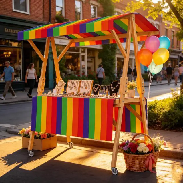 Main image of Market Stall Frame Carts Width 59" Outdoor Pine Wood Street Food Vendor Cart with Canopy Folding Vendor Stall Cart with Wheels (Rainbow)