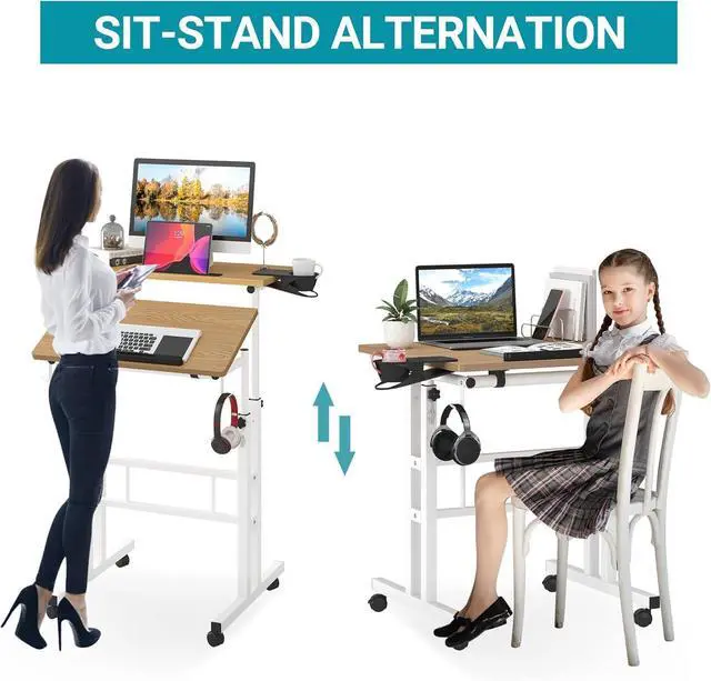 Alt view image 5 of 7 - Small Standing Desk with Removable Cup Holder, Height Adjustable Mobile Laptop Stand on Wheels, Ergonomic Rolling Computer Workstation for Home Office, Portable Overbed Table for Couch & Bed, Khaki