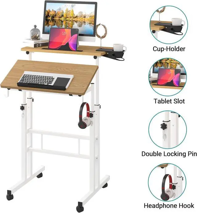 Alt view image 6 of 7 - Small Standing Desk with Removable Cup Holder, Height Adjustable Mobile Laptop Stand on Wheels, Ergonomic Rolling Computer Workstation for Home Office, Portable Overbed Table for Couch & Bed, Khaki