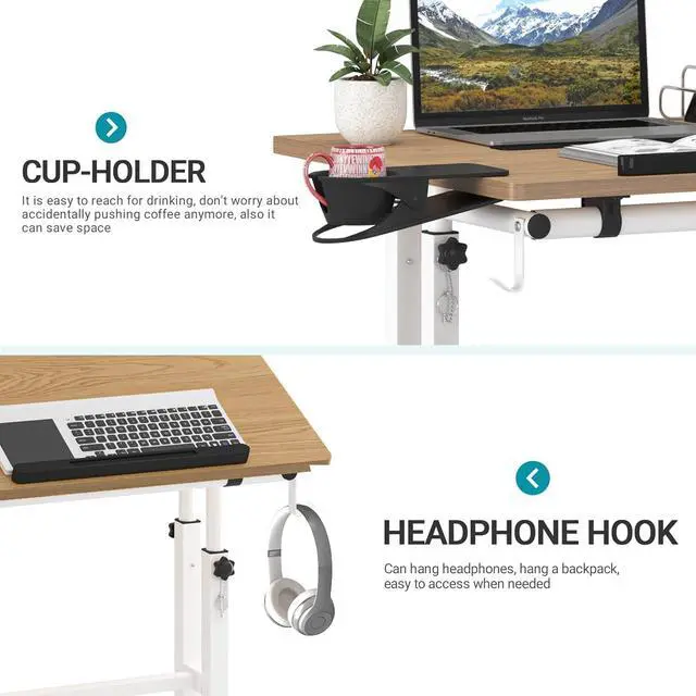 Alt view image 7 of 7 - Small Standing Desk with Removable Cup Holder, Height Adjustable Mobile Laptop Stand on Wheels, Ergonomic Rolling Computer Workstation for Home Office, Portable Overbed Table for Couch & Bed, Khaki