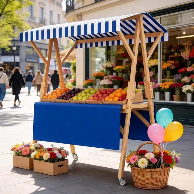 Main image of Market Stall Frame Carts Width 59" Outdoor Pine Wood Street Food Vendor Cart with Canopy Folding Vendor Stall Cart with Wheels (Blue)