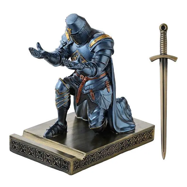 Alt view image 2 of 7 - Medieval Templar Vanguard Officer Knight Pen Holder Desk Organizers Blue | Pencil Stand Paperweight Desktop Decoration Accessories Cell Phone Stand with a Fancy Sword for Medieval Warrior Enthusiast