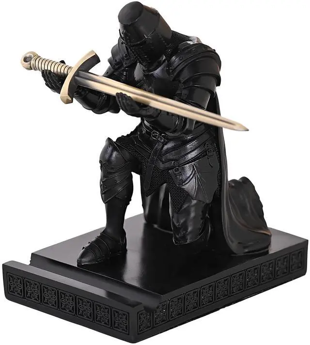 Main image of Medieval Templar Vanguard Officer Knight Pen Holder Desk Organizers Black | Pencil Stand Paperweight Desktop Decoration Accessories Cell Phone Stand with a Fancy Sword for Medieval Warrior Enthusiast