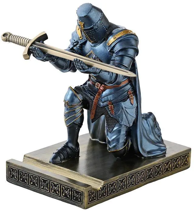 Main image of Medieval Templar Vanguard Officer Knight Pen Holder Desk Organizers Blue | Pencil Stand Paperweight Desktop Decoration Accessories Cell Phone Stand with a Fancy Sword for Medieval Warrior Enthusiast