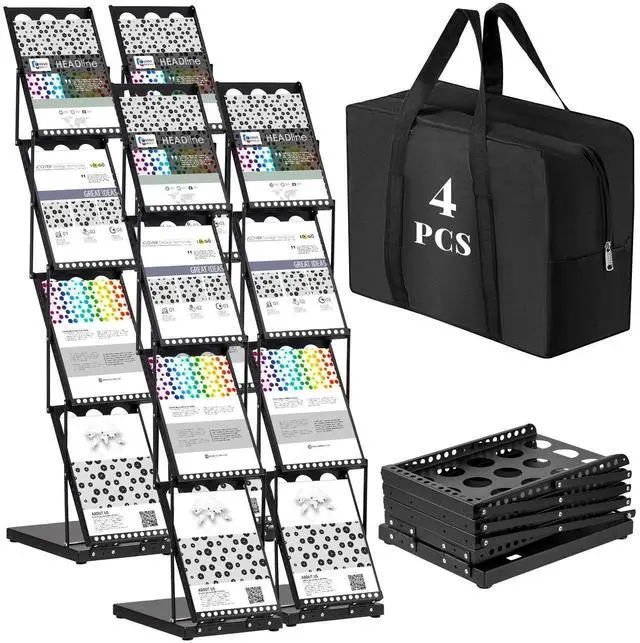 Main image of 4 Pieces Foldable Magazine Rack Metal Catalog Literature Rack Portable 4 Pockets with Carrying Bag Brochure Stand Literature Display Holder Stand for Exhibition Trade Show