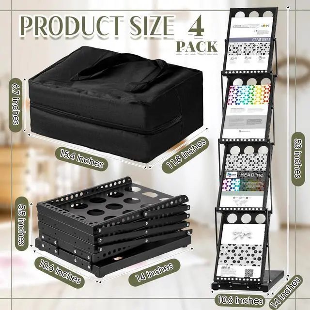 Alt view image 2 of 6 - 4 Pieces Foldable Magazine Rack Metal Catalog Literature Rack Portable 4 Pockets with Carrying Bag Brochure Stand Literature Display Holder Stand for Exhibition Trade Show