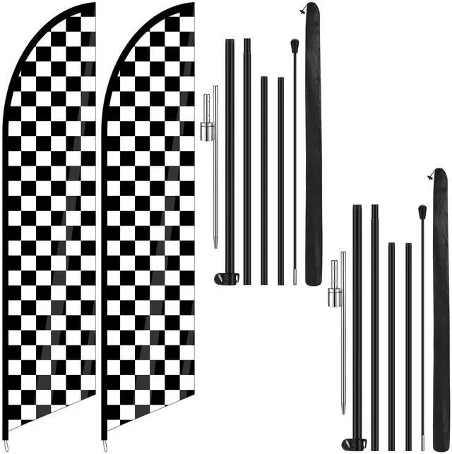 Main image of 2 Sets Checkered Flag Banner Black and White Swooper Flag with Pole Kit Checkered Feather Racing Windless Full Sleeve Banner Finish Line Sign Kit for Races Events Party Supplies