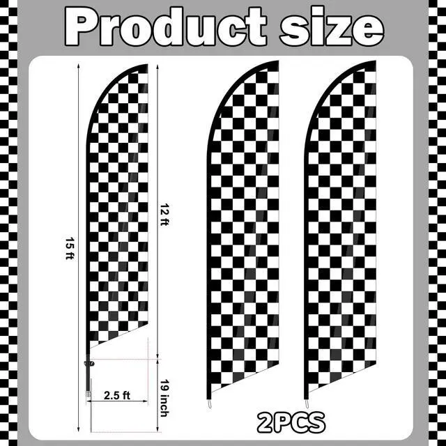Alt view image 2 of 7 - 2 Sets Checkered Flag Banner Black and White Swooper Flag with Pole Kit Checkered Feather Racing Windless Full Sleeve Banner Finish Line Sign Kit for Races Events Party Supplies