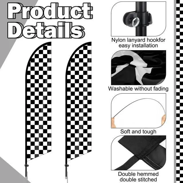 Alt view image 3 of 7 - 2 Sets Checkered Flag Banner Black and White Swooper Flag with Pole Kit Checkered Feather Racing Windless Full Sleeve Banner Finish Line Sign Kit for Races Events Party Supplies