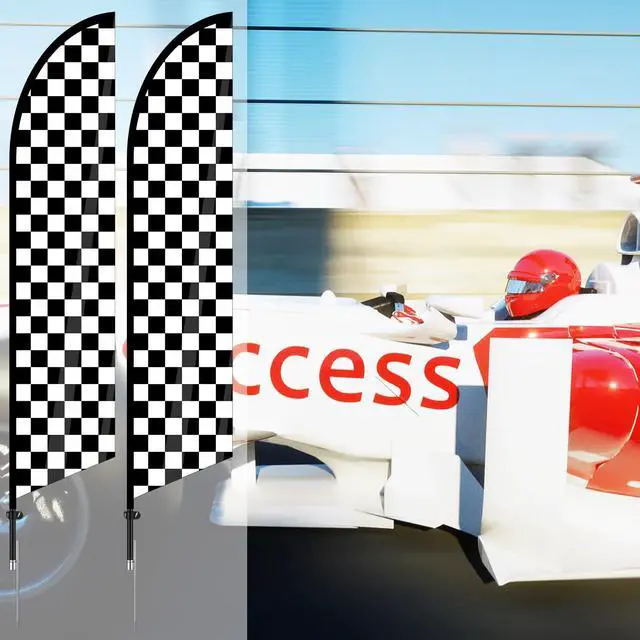 Alt view image 7 of 7 - 2 Sets Checkered Flag Banner Black and White Swooper Flag with Pole Kit Checkered Feather Racing Windless Full Sleeve Banner Finish Line Sign Kit for Races Events Party Supplies