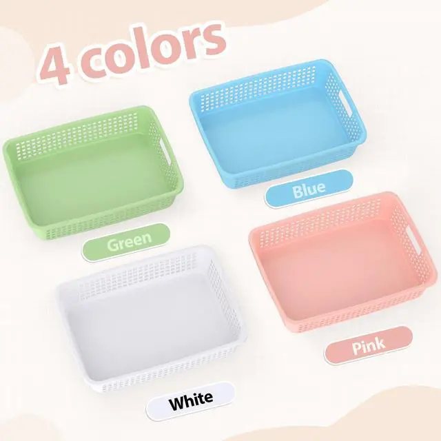Alt view image 2 of 7 - 24 Pack Classroom Storage Baskets 15''x10''x3'' Large Plastic Paper Trays with Handle Letter Size A4 Paper Toy Basket Turn in Trays for Library Office Desk Drawer Organizing (24, Pastel Color)