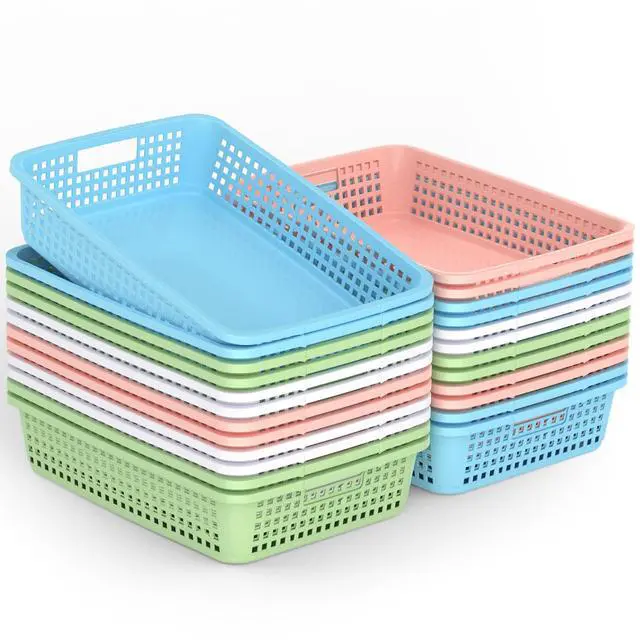 Main image of 24 Pack Classroom Storage Baskets 15''x10''x3'' Large Plastic Paper Trays with Handle Letter Size A4 Paper Toy Basket Turn in Trays for Library Office Desk Drawer Organizing (24, Pastel Color)