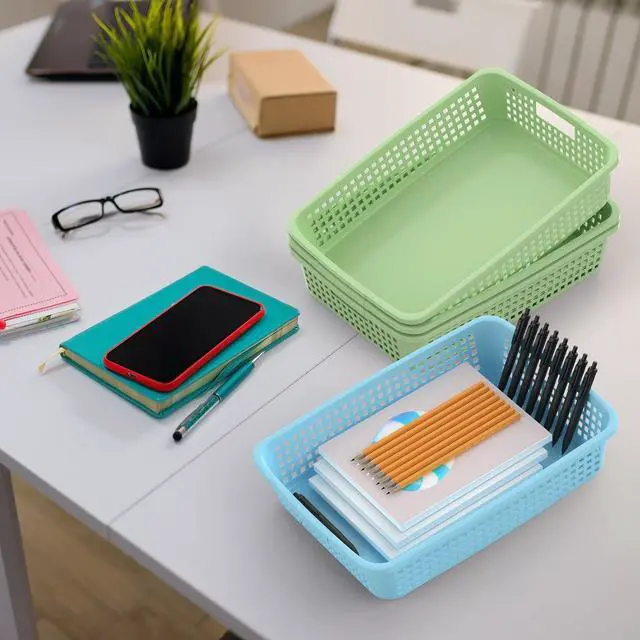 Alt view image 6 of 7 - 24 Pack Classroom Storage Baskets 15''x10''x3'' Large Plastic Paper Trays with Handle Letter Size A4 Paper Toy Basket Turn in Trays for Library Office Desk Drawer Organizing (24, Pastel Color)