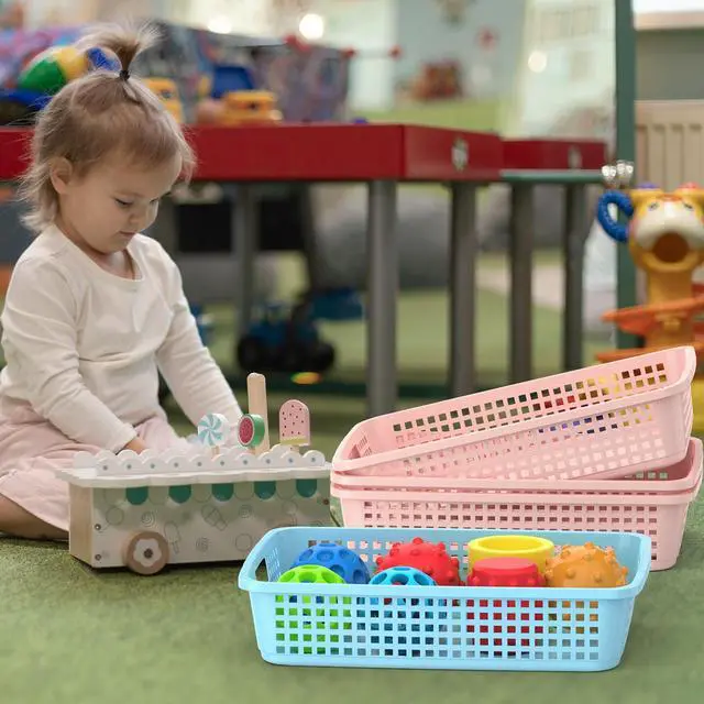 Alt view image 7 of 7 - 24 Pack Classroom Storage Baskets 15''x10''x3'' Large Plastic Paper Trays with Handle Letter Size A4 Paper Toy Basket Turn in Trays for Library Office Desk Drawer Organizing (24, Pastel Color)