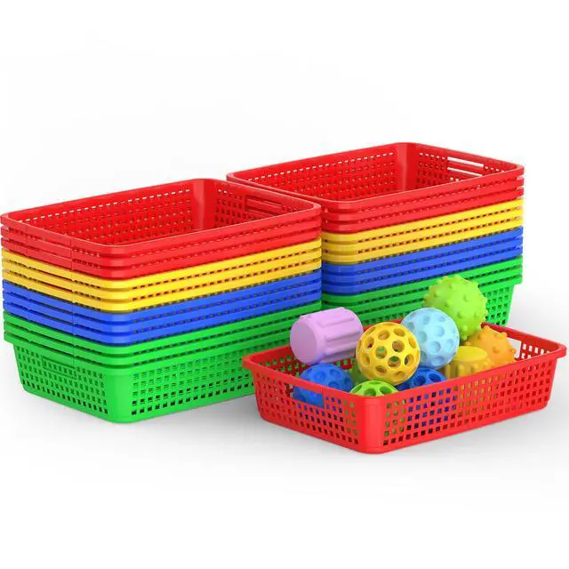 Main image of 24 Pack Classroom Storage Baskets 15''x10''x3'' Large Plastic Paper Trays with Handle Letter Size A4 Paper Toy Basket Turn in Trays for Library Office Desk Drawer Organizing (24, Bright Color)