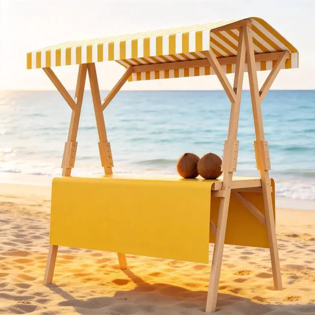 Main image of Market Stall Frame Carts Width 59" Outdoor Pine Wood Street Food Vendor Cart with Canopy Folding Vendor Stall Cart with Wheels for Beaches or Festivals (Orange)