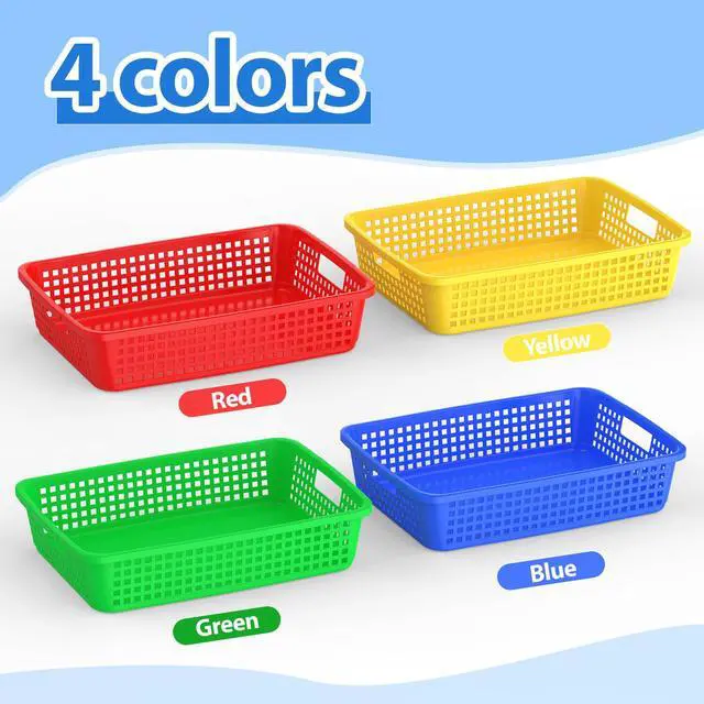 Alt view image 2 of 7 - 24 Pack Classroom Storage Baskets 15''x10''x3'' Large Plastic Paper Trays with Handle Letter Size A4 Paper Toy Basket Turn in Trays for Library Office Desk Drawer Organizing (24, Bright Color)
