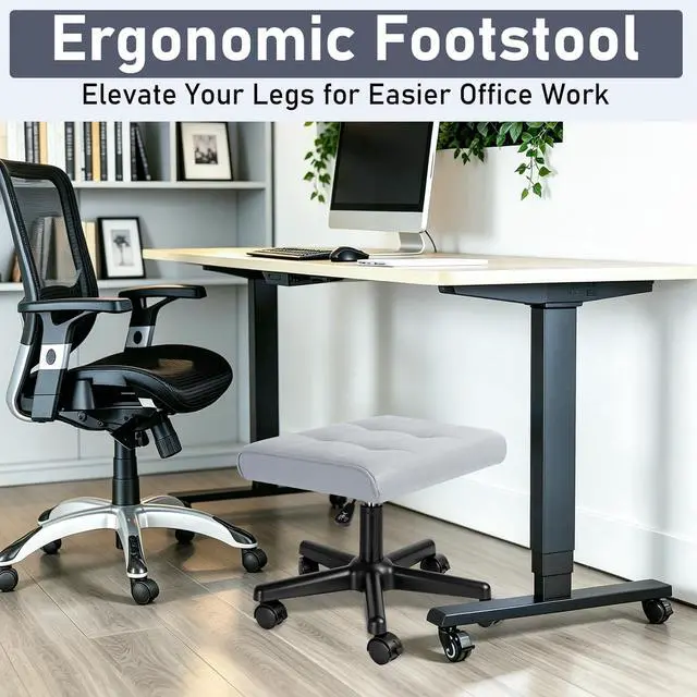 Alt view image 6 of 7 - Footrest Under Desk Leg Rest Ottoman Adjustable Height Foot Stool (Grey) | PU Ergonomic Foot Rest with Wheels Leather Footrest for Home Office