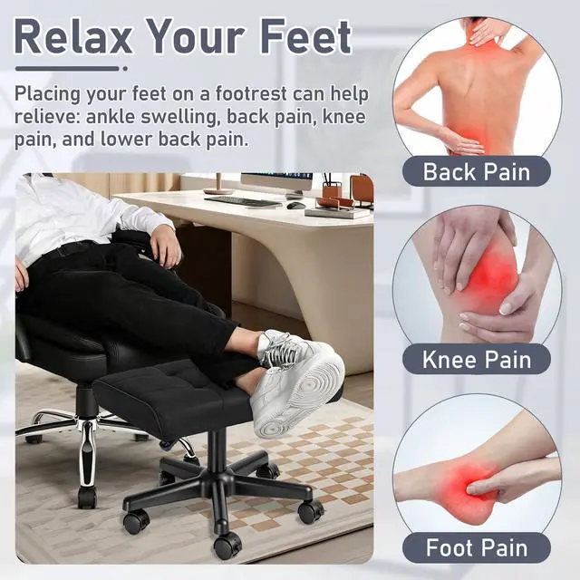 Alt view image 3 of 7 - Footrest Under Desk Leg Rest Ottoman Adjustable Height Foot Stool (Black) | PU Ergonomic Foot Rest with Wheels Leather Footrest for Home Office, Large