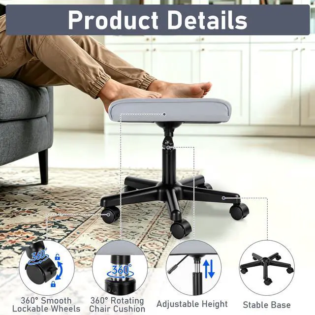 Alt view image 7 of 7 - Footrest Under Desk Leg Rest Ottoman Adjustable Height Foot Stool (Grey) | PU Ergonomic Foot Rest with Wheels Leather Footrest for Home Office