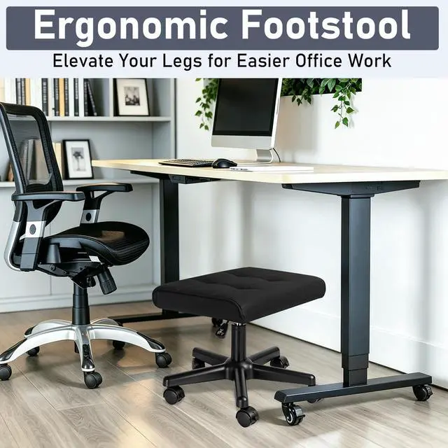 Alt view image 6 of 7 - Footrest Under Desk Leg Rest Ottoman Adjustable Height Foot Stool (Black) | PU Ergonomic Foot Rest with Wheels Leather Footrest for Home Office, Large