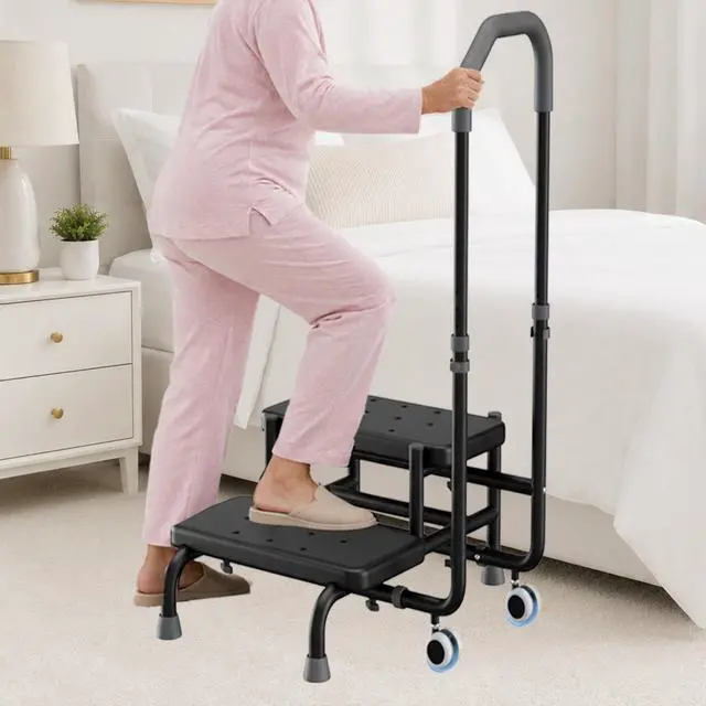 Alt view image 2 of 7 - 2 Step Stool with Handle & Wheels for Seniors, Elderly and Adults | 400 lbs Capacity, Heavy Duty, Adjustable 5-Level Handrail, Non-Slip Wide Steps
