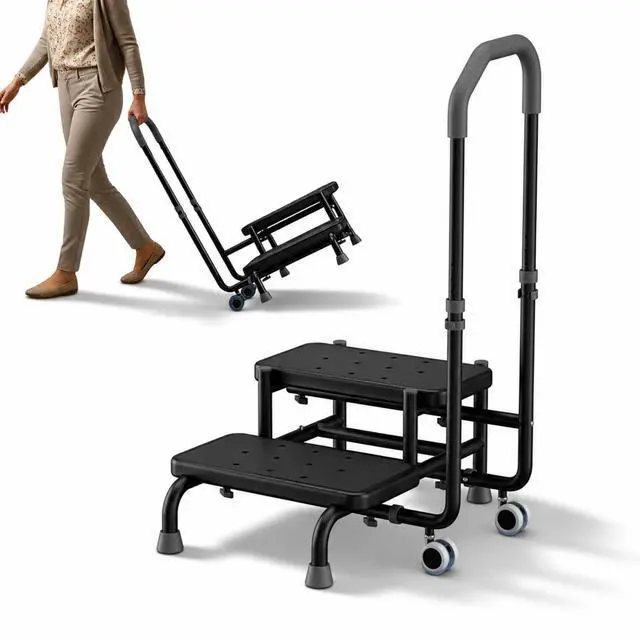 Main image of 2 Step Stool with Handle & Wheels for Seniors, Elderly and Adults | 400 lbs Capacity, Heavy Duty, Adjustable 5-Level Handrail, Non-Slip Wide Steps