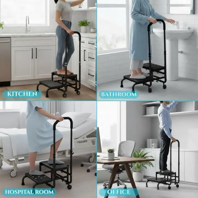 Alt view image 4 of 7 - 2 Step Stool with Handle & Wheels for Seniors, Elderly and Adults | 400 lbs Capacity, Heavy Duty, Adjustable 5-Level Handrail, Non-Slip Wide Steps
