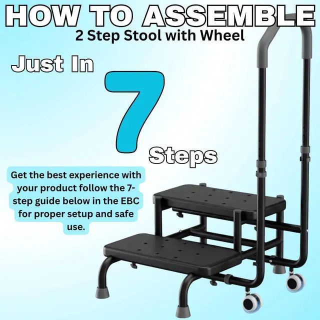 Alt view image 3 of 7 - 2 Step Stool with Handle & Wheels for Seniors, Elderly and Adults | 400 lbs Capacity, Heavy Duty, Adjustable 5-Level Handrail, Non-Slip Wide Steps