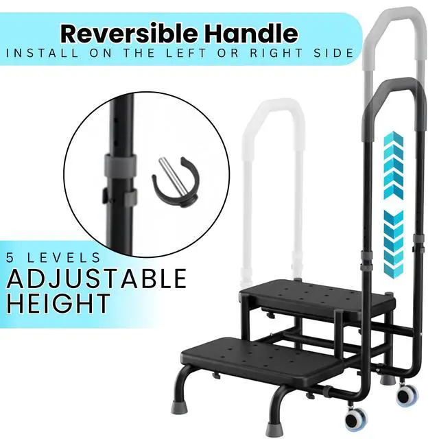 Alt view image 6 of 7 - 2 Step Stool with Handle & Wheels for Seniors, Elderly and Adults | 400 lbs Capacity, Heavy Duty, Adjustable 5-Level Handrail, Non-Slip Wide Steps