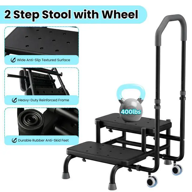 Alt view image 5 of 7 - 2 Step Stool with Handle & Wheels for Seniors, Elderly and Adults | 400 lbs Capacity, Heavy Duty, Adjustable 5-Level Handrail, Non-Slip Wide Steps
