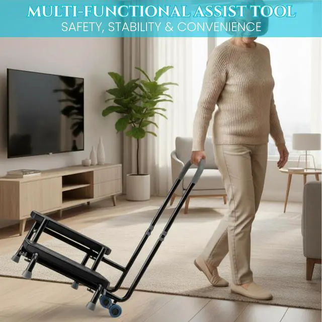 Alt view image 7 of 7 - 2 Step Stool with Handle & Wheels for Seniors, Elderly and Adults | 400 lbs Capacity, Heavy Duty, Adjustable 5-Level Handrail, Non-Slip Wide Steps