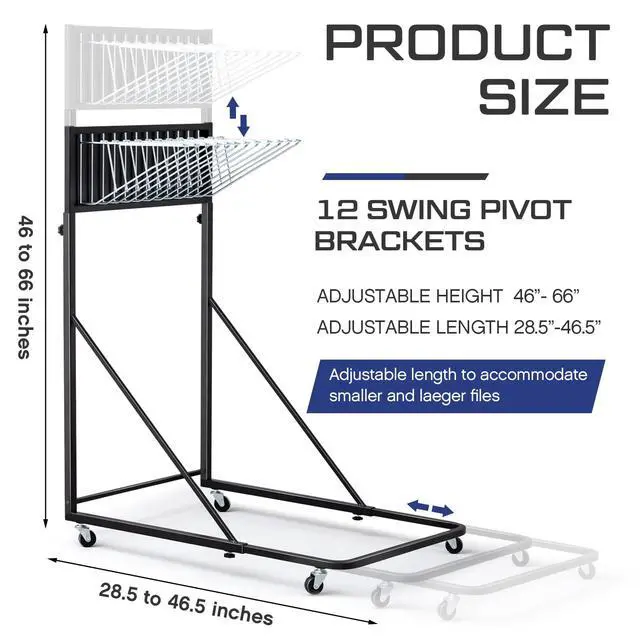 Alt view image 2 of 6 - Mobile Blueprint Storage Black Vertical Poster Display Rack Heavy Duty Plan Holder with 12 Brackets Height Length Adjustable Rolling Stand Wheel File Organizer Stand for Office Home School
