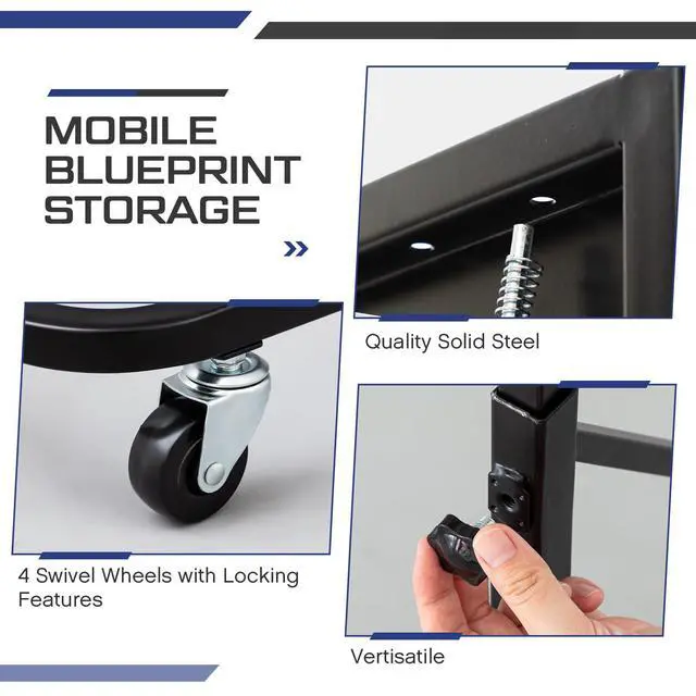 Alt view image 3 of 6 - Mobile Blueprint Storage Black Vertical Poster Display Rack Heavy Duty Plan Holder with 12 Brackets Height Length Adjustable Rolling Stand Wheel File Organizer Stand for Office Home School