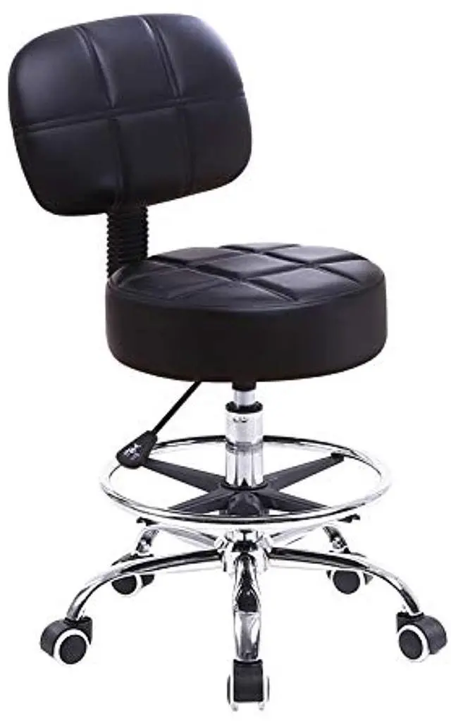 Main image of Swivel Round Rolling Stool PU Leather with Adjustable Foot Rest Height Adjustable Task Work Drafting Chair with Back (Black)