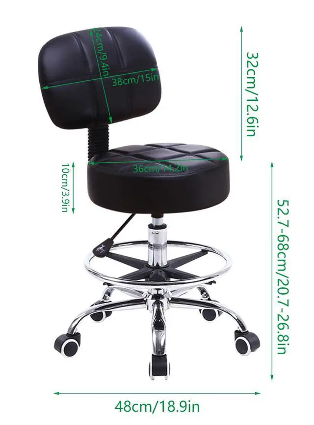 Alt view image 3 of 7 - Swivel Round Rolling Stool PU Leather with Adjustable Foot Rest Height Adjustable Task Work Drafting Chair with Back (Black)