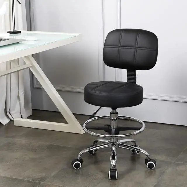 Alt view image 2 of 7 - Swivel Round Rolling Stool PU Leather with Adjustable Foot Rest Height Adjustable Task Work Drafting Chair with Back (Black)