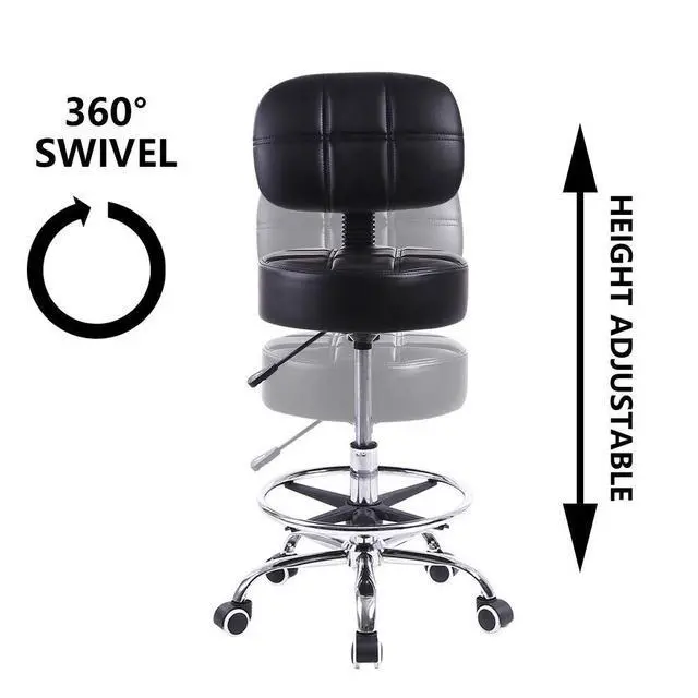 Alt view image 4 of 7 - Swivel Round Rolling Stool PU Leather with Adjustable Foot Rest Height Adjustable Task Work Drafting Chair with Back (Black)