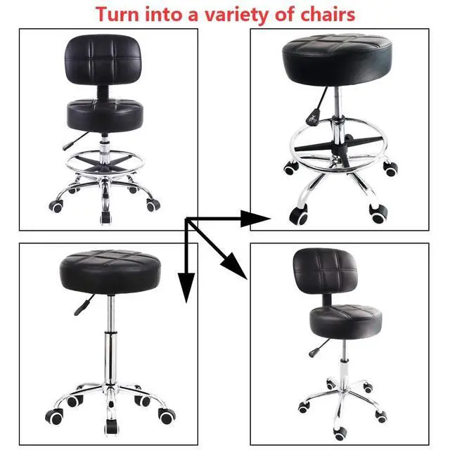 Alt view image 6 of 7 - Swivel Round Rolling Stool PU Leather with Adjustable Foot Rest Height Adjustable Task Work Drafting Chair with Back (Black)
