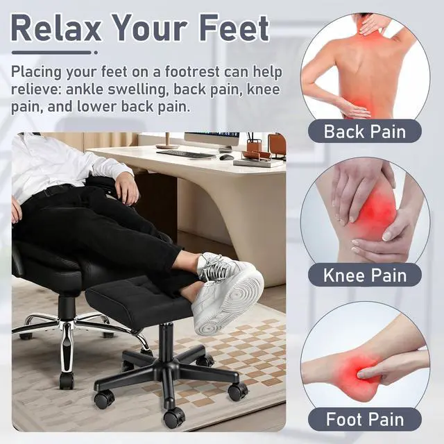 Alt view image 3 of 7 - Footrest Under Desk Leg Rest Ottoman Adjustable Height Foot Stool (Black) | PU Ergonomic Foot Rest with Wheels Leather Footrest for Home Office