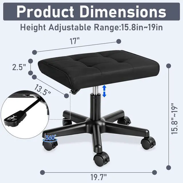 Alt view image 2 of 7 - Footrest Under Desk Leg Rest Ottoman Adjustable Height Foot Stool (Black) | PU Ergonomic Foot Rest with Wheels Leather Footrest for Home Office