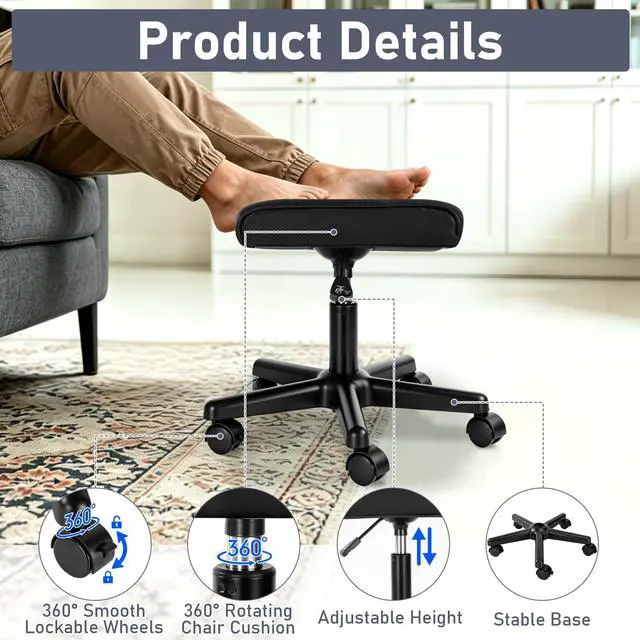 Alt view image 7 of 7 - Footrest Under Desk Leg Rest Ottoman Adjustable Height Foot Stool (Black) | PU Ergonomic Foot Rest with Wheels Leather Footrest for Home Office