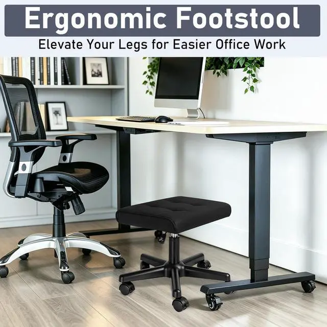 Alt view image 6 of 7 - Footrest Under Desk Leg Rest Ottoman Adjustable Height Foot Stool (Black) | PU Ergonomic Foot Rest with Wheels Leather Footrest for Home Office