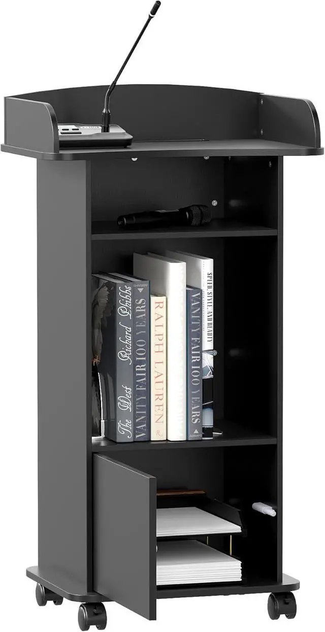Alt view image 2 of 7 - Portable Podium Stand with Wheels, Mobile Wood Lecterns with Adjustable Storage Shelf, Rolling Church Pulpits, Host Stand for Office Conference SchoolBlack